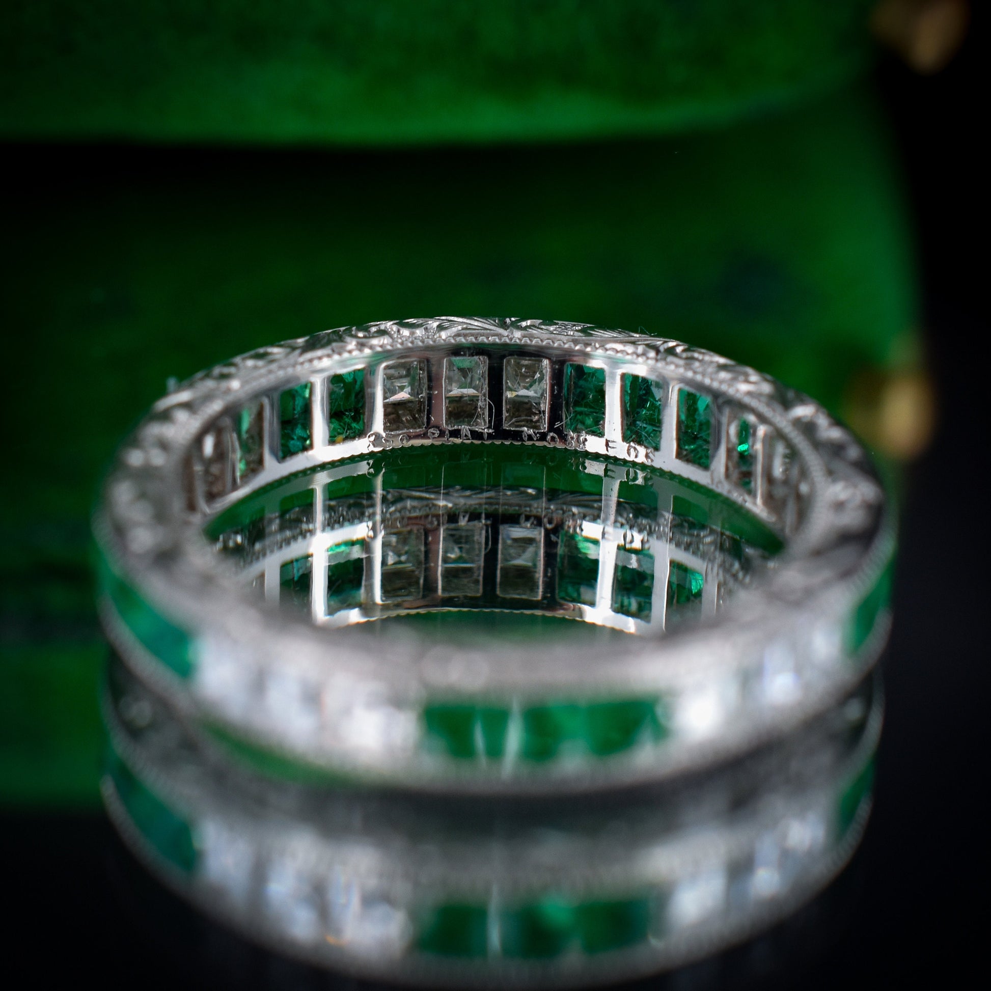 Art Deco Style Diamond and Emerald Platinum Full Eternity Wedding Band Ring