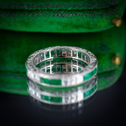 Art Deco Style Diamond and Emerald Platinum Full Eternity Wedding Band Ring