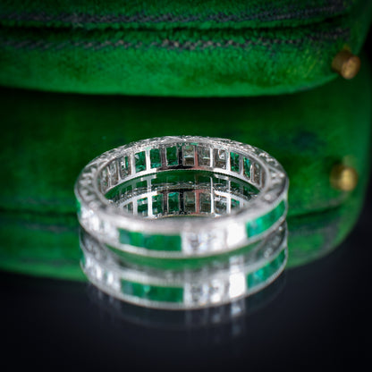 Art Deco Style Diamond and Emerald Platinum Full Eternity Wedding Band Ring