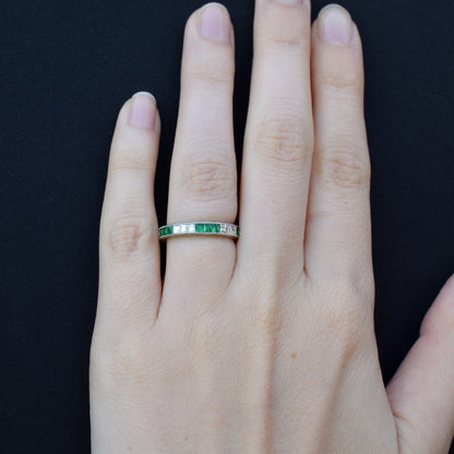 Art Deco Style Diamond and Emerald Platinum Full Eternity Wedding Band Ring