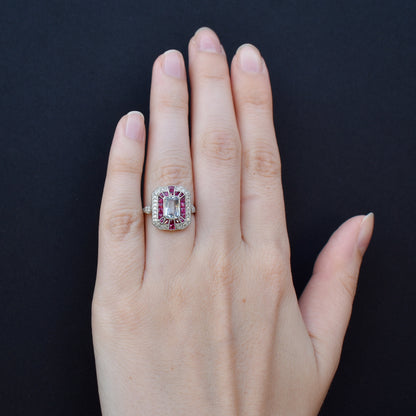 Art Deco Style Light Blue Sapphire Ruby and Diamond Platinum Cocktail Ring