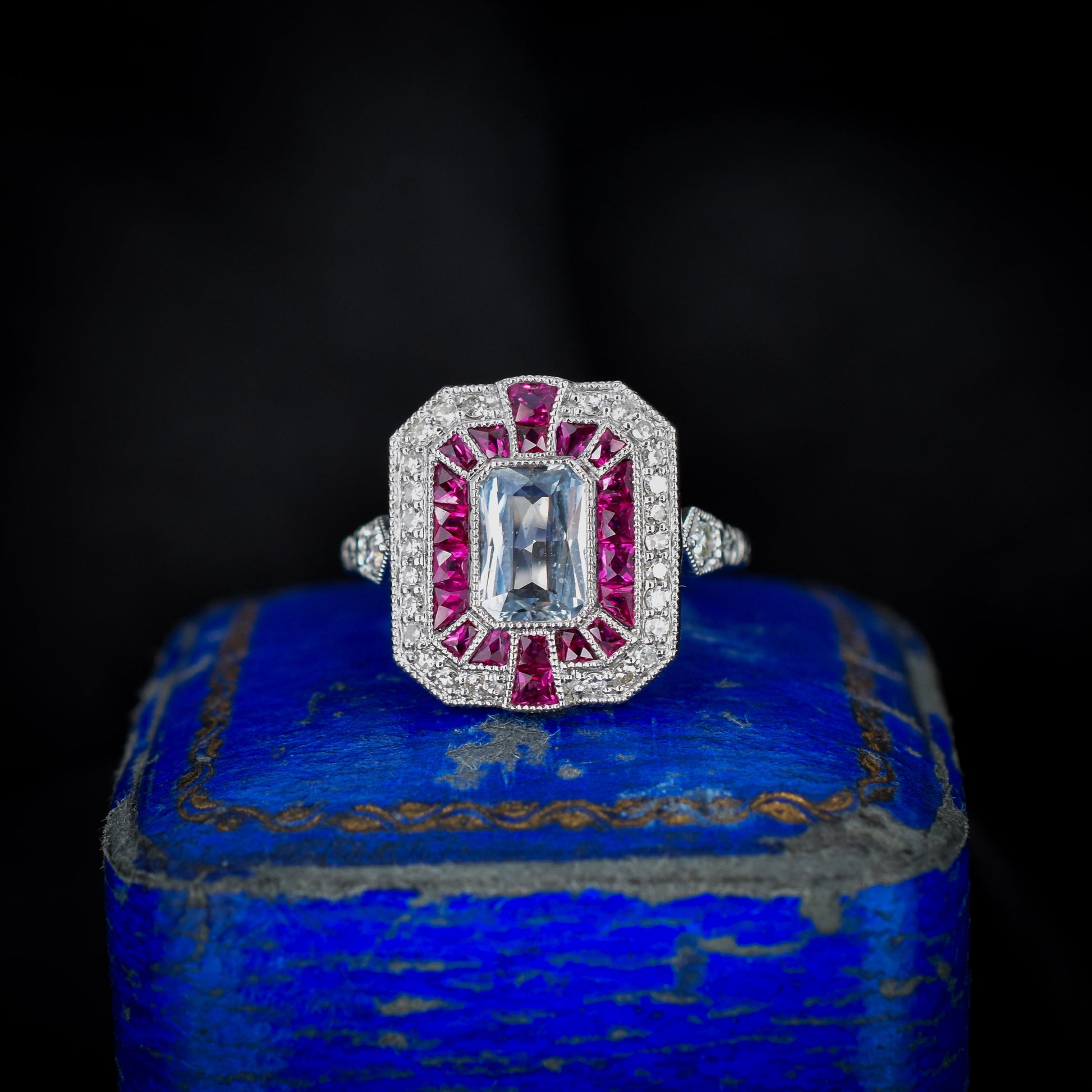 Art Deco Style Light Blue Sapphire Ruby and Diamond Platinum Cocktail Ring