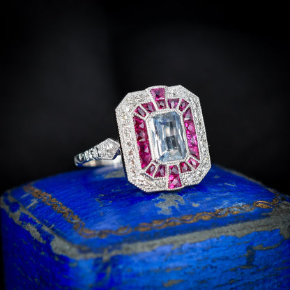 Art Deco Style Light Blue Sapphire Ruby and Diamond Platinum Cocktail Ring