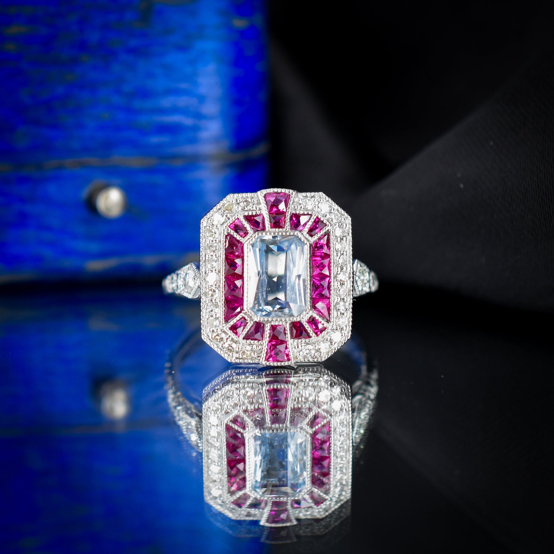 Art Deco Style Light Blue Sapphire Ruby and Diamond Platinum Cocktail Ring