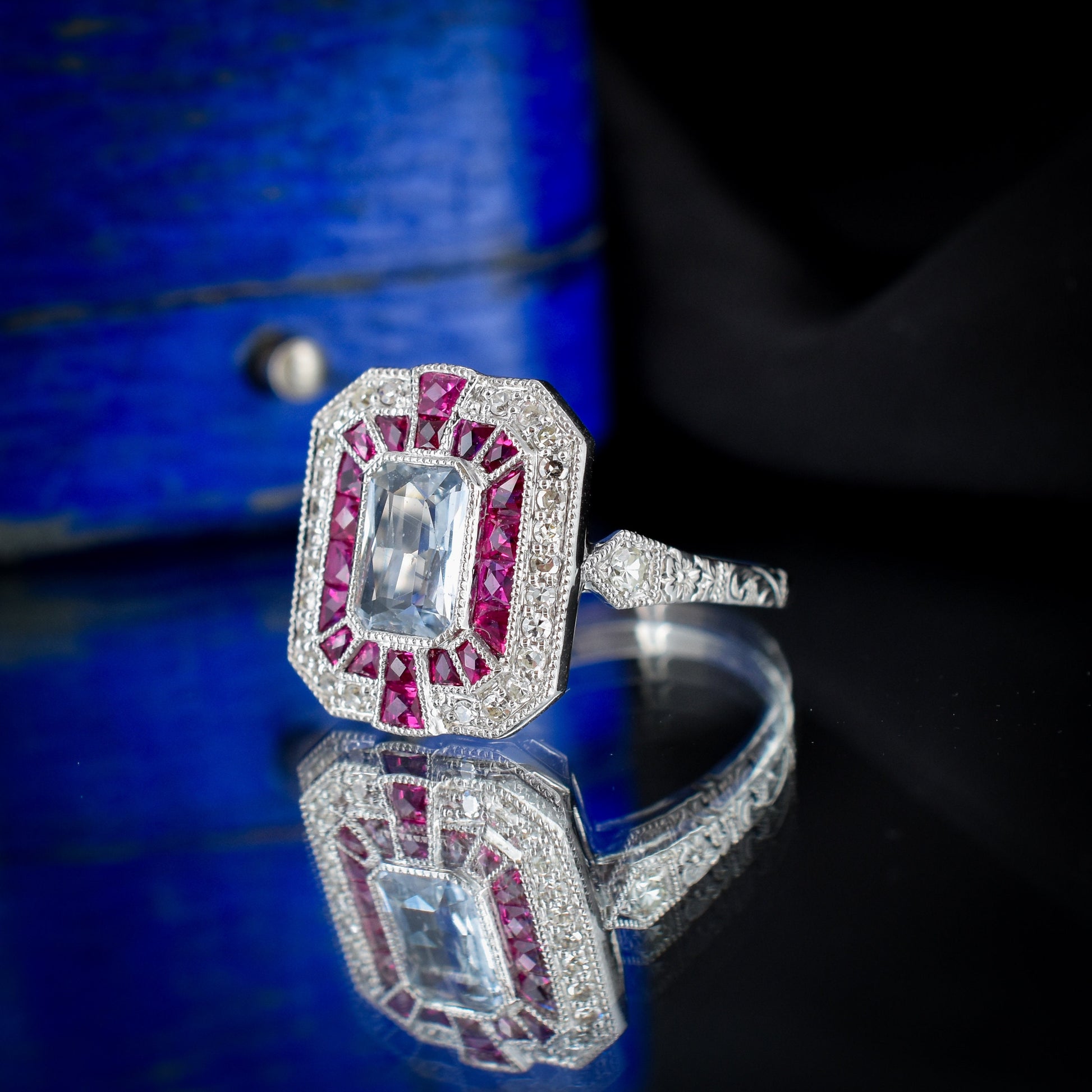 Art Deco Style Light Blue Sapphire Ruby and Diamond Platinum Cocktail Ring