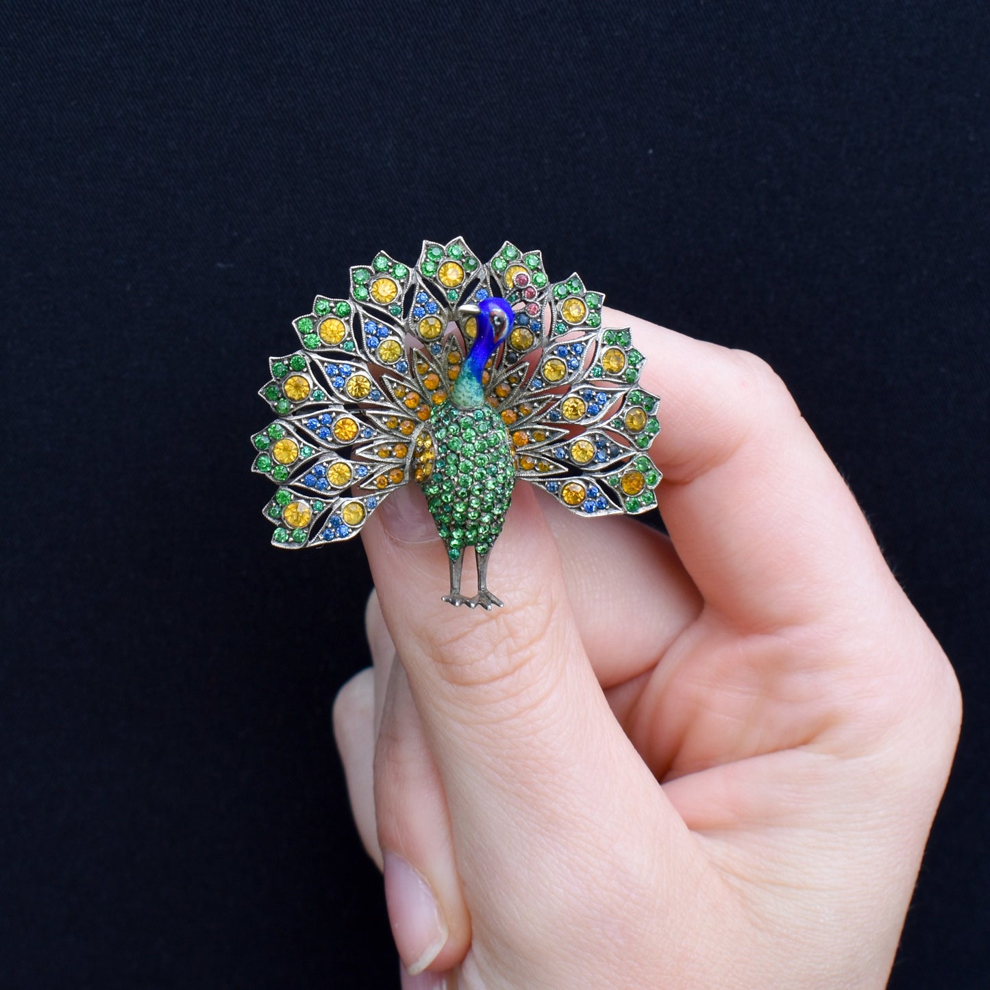 Antique Peacock Multi-colour Paste and Enamel Silver Brooch Pin