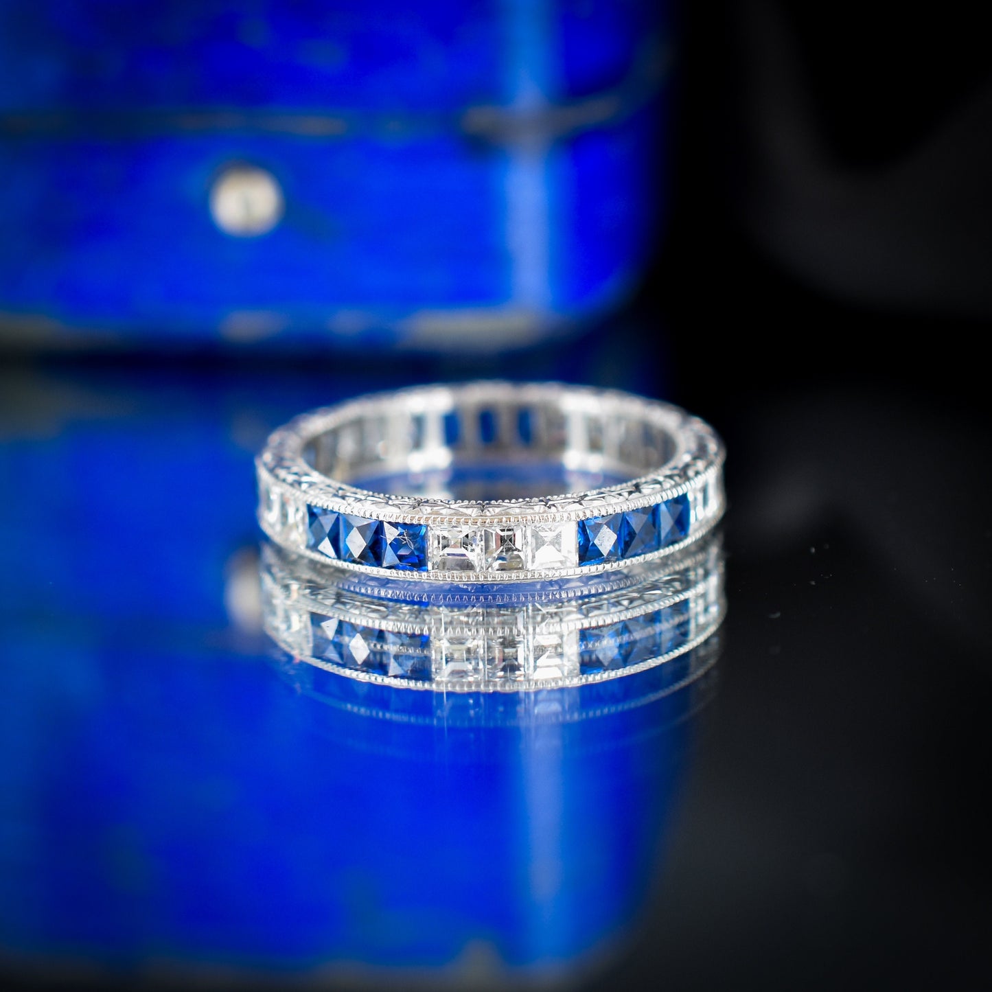 Art Deco Style Diamond and Sapphire Platinum Full Eternity Wedding Band Ring