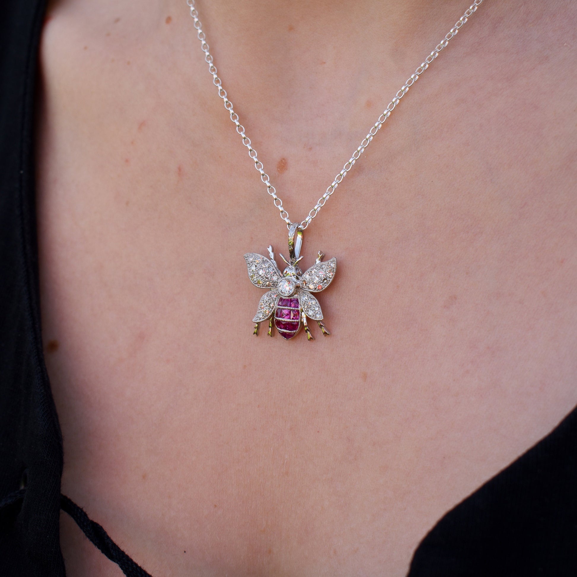 Ruby and Diamond Platinum Insect Bee Pendant | 0.50ct Diamond