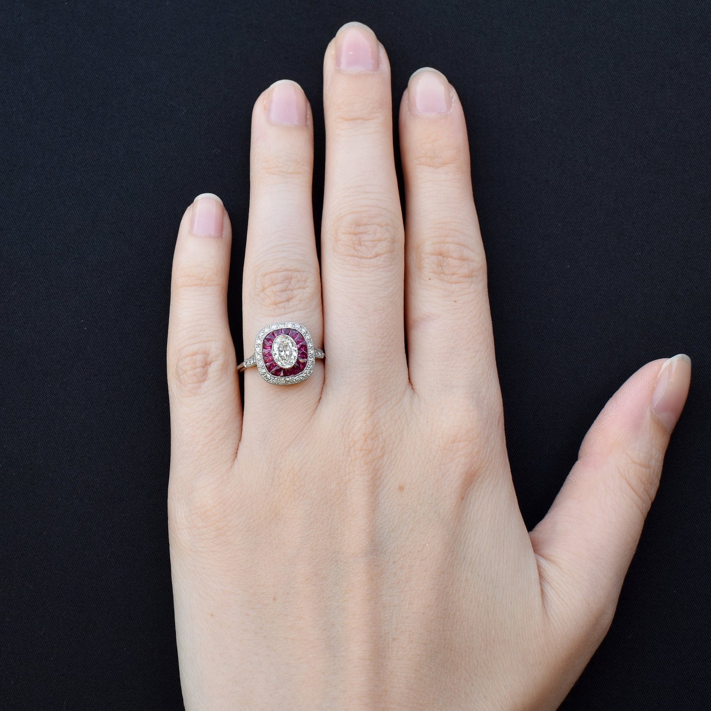 Art Deco Style Old Cut Diamond and Ruby Halo Platinum Ring Certified