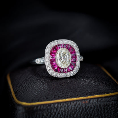 Art Deco Style Old Cut Diamond and Ruby Halo Platinum Ring Certified