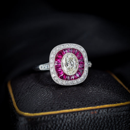 Art Deco Style Old Cut Diamond and Ruby Halo Platinum Ring Certified