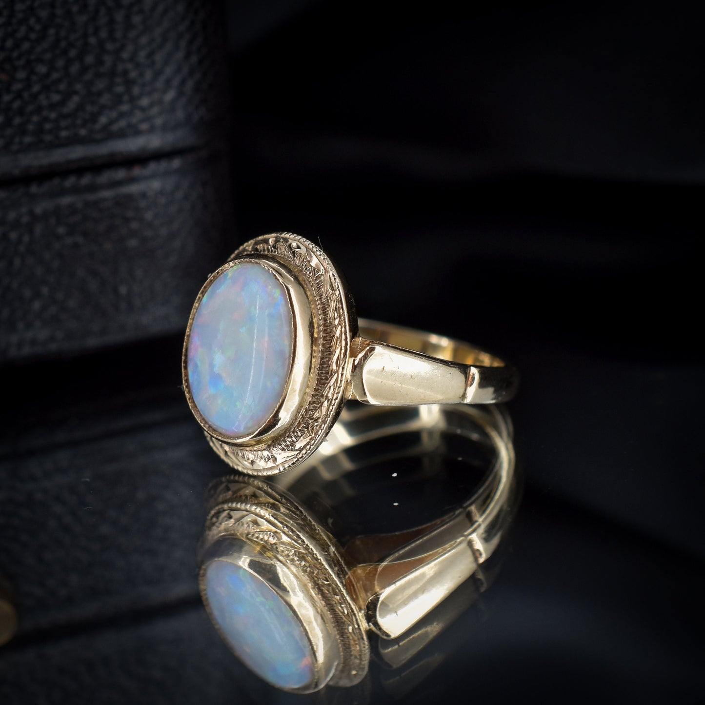 Vintage Natural Opal Oval Bezel Solitaire 9ct Yellow Gold Ring