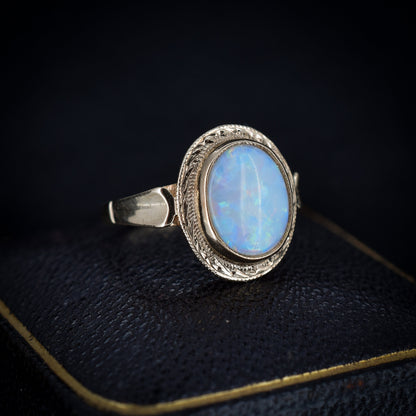 Vintage Natural Opal Oval Bezel Solitaire 9ct Yellow Gold Ring