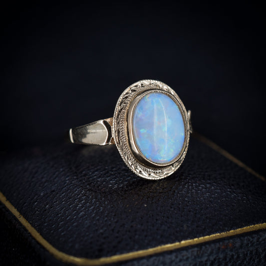 Vintage Natural Opal Oval Bezel Solitaire 9ct Yellow Gold Ring