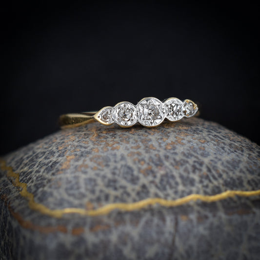 Antique Art Deco Diamond Five Stone 18ct Yellow Gold and Platinum Ring