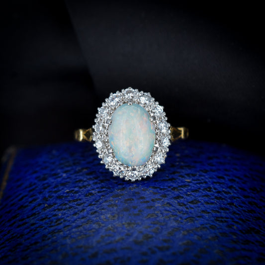 Vintage Natural Opal and Diamond Oval Halo Cluster 18ct Yellow Gold Ring