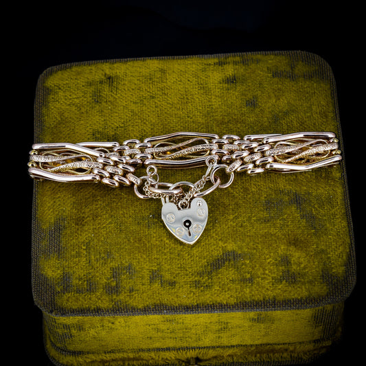 Antique Heart Padlock Fancy Textured Gate Rolled Gold Bracelet
