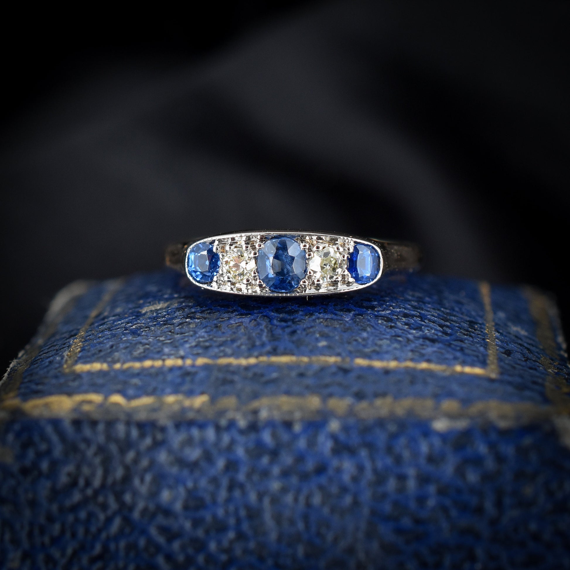 Antique Blue Sapphire Diamond Five Stone 18ct Yellow Gold Ring