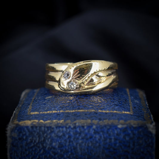 Vintage Old Cut Diamond Snake Serpent 9ct Gold Band Ring - Birmingham 1964