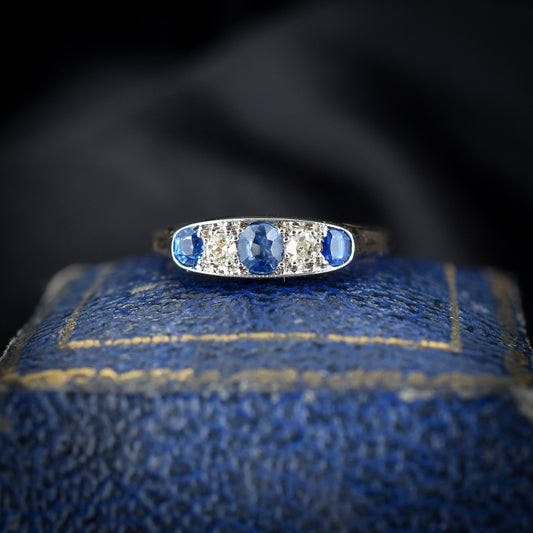 Antique Blue Sapphire Diamond Five Stone 18ct Yellow Gold Ring