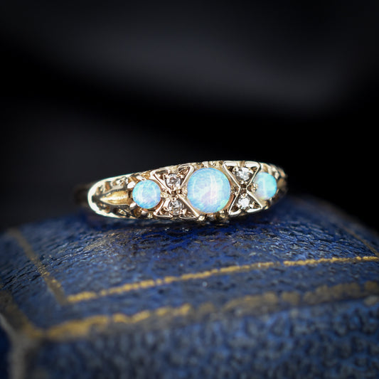 Vintage Opal and Diamond 9ct Yellow Gold Three Stone Trilogy Scroll Ring
