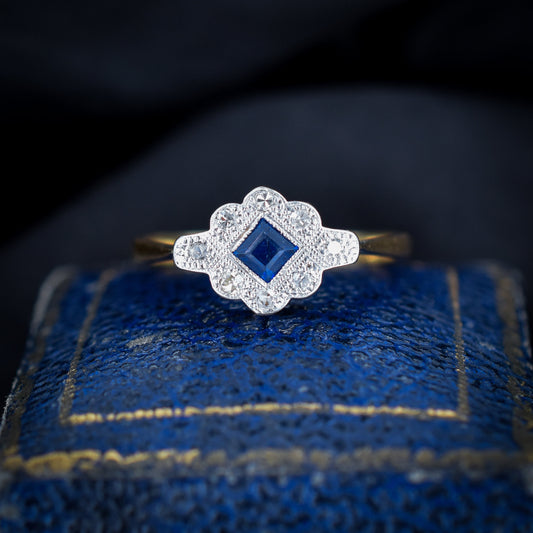 Antique Sapphire and Diamond Cluster 18ct Gold and Platinum Ring