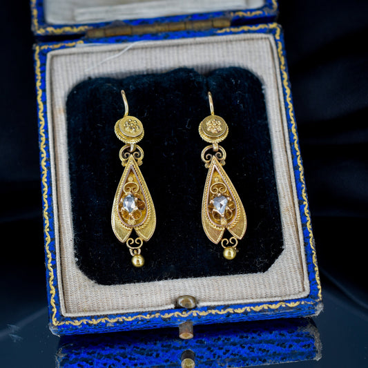 Antique Victorian Etruscan Diamond 15ct Gold Drop Earrings