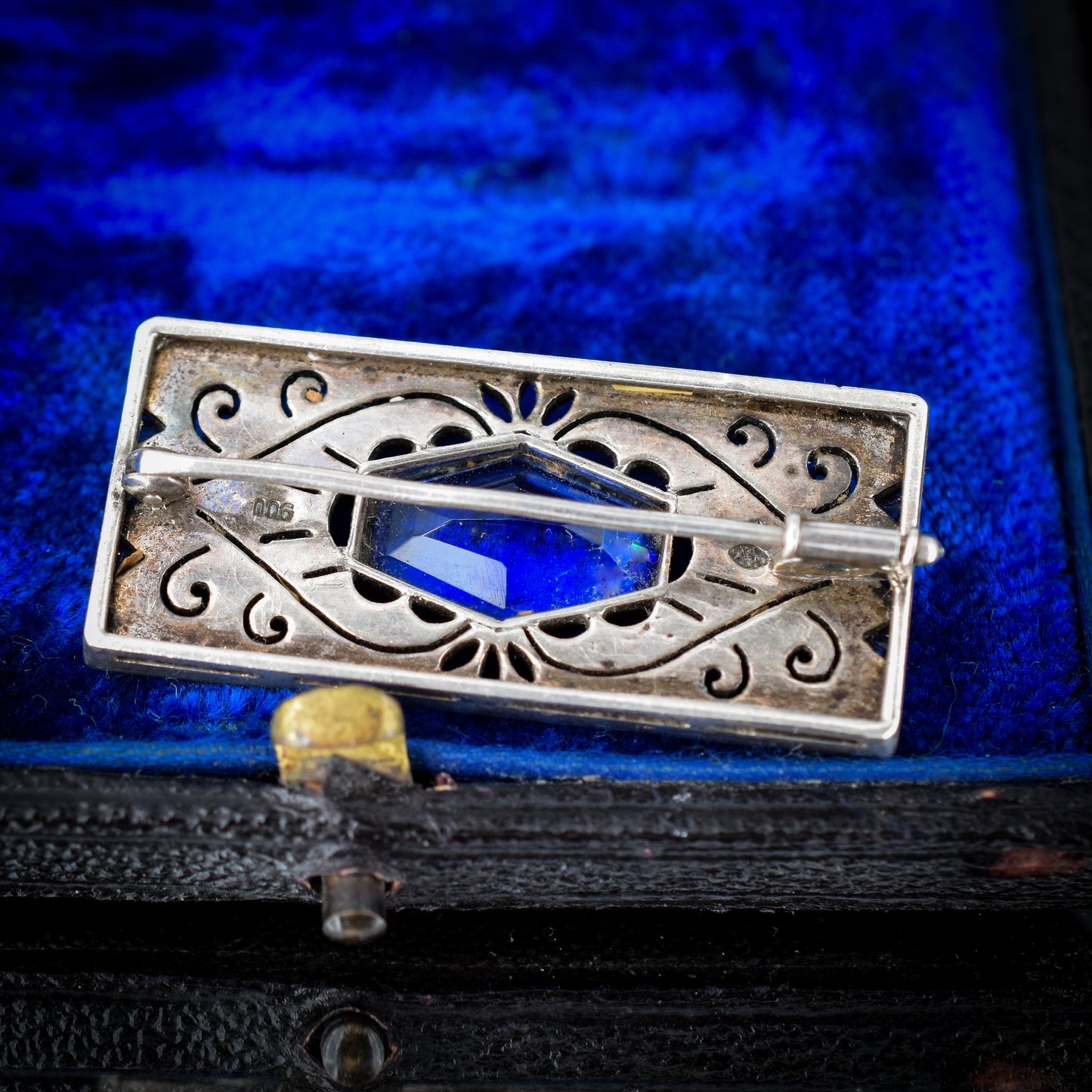 Antique Art Deco French Blue Paste Silver Rectangle Brooch