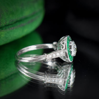 Certified Art Deco Style Emerald and Old Cut Diamond Target Cluster Halo Platinum Ring