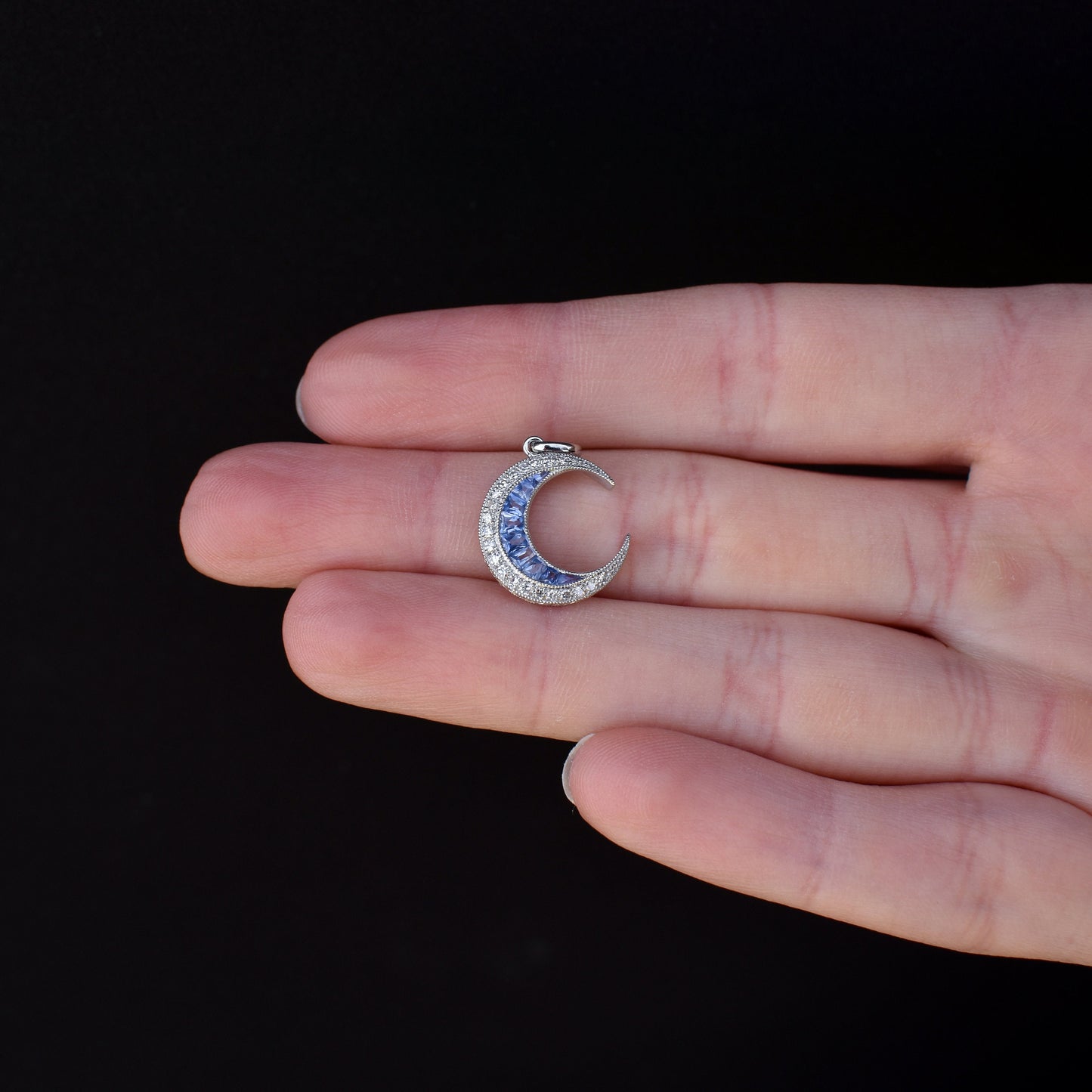 Antique Style Diamond and Ceylon Sapphire Crescent Moon Platinum Pendant