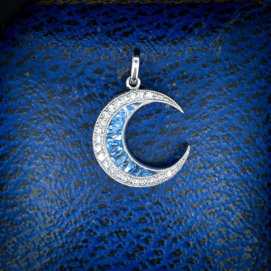 Antique Style Diamond and Ceylon Sapphire Crescent Moon Platinum Pendant