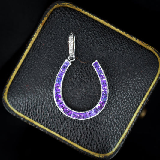 French Cut Purple Sapphire Horseshoe Platinum Charm Pendant - 0.70ct