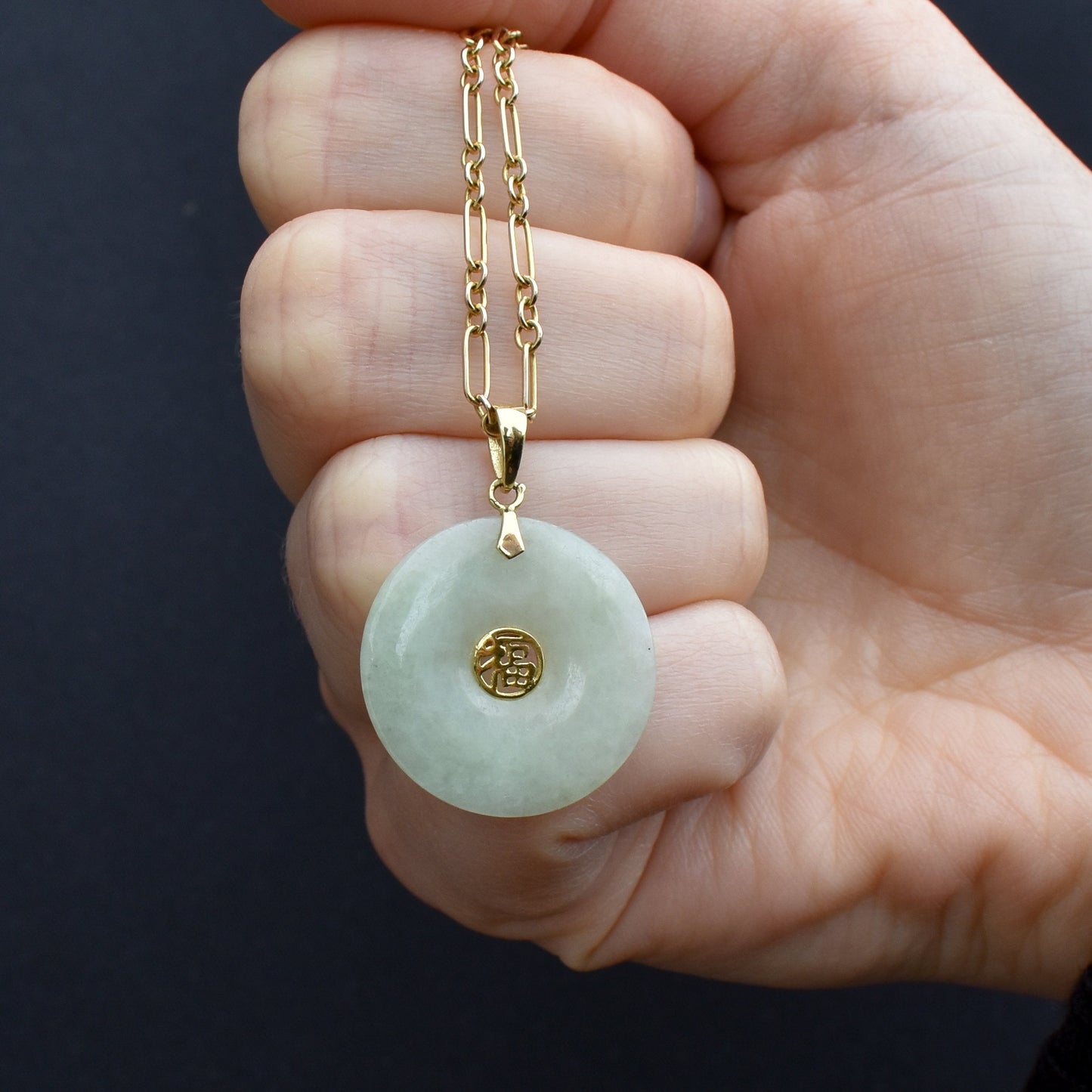 Vintage Green Jade Round Circle Disc Chinese Yellow Gold Drop Pendant