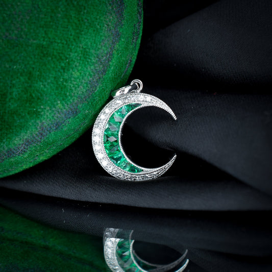 Antique Style Diamond and Emerald Crescent Moon Platinum Pendant