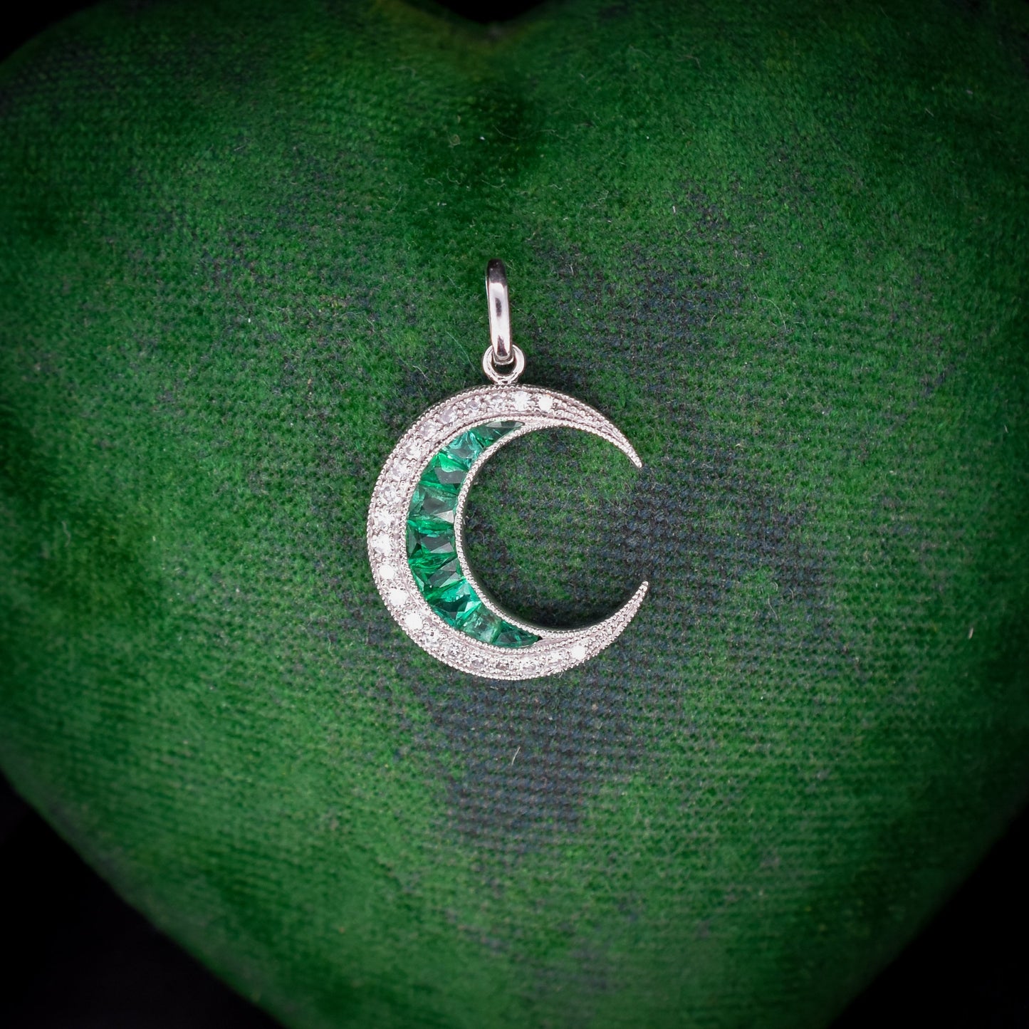 Antique Style Diamond and Emerald Crescent Moon Platinum Pendant