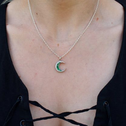 Antique Style Diamond and Emerald Crescent Moon Platinum Pendant