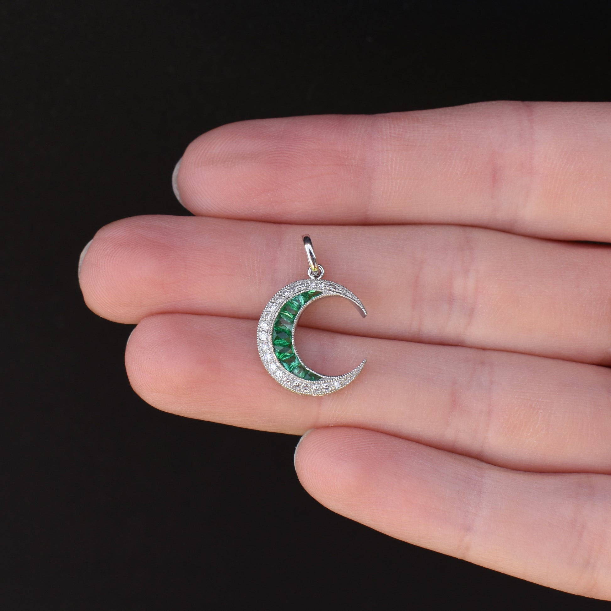 Antique Style Diamond and Emerald Crescent Moon Platinum Pendant