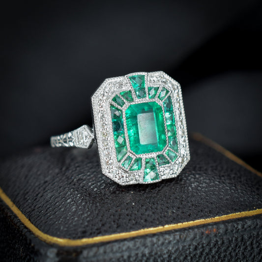 Art Deco Style Natural Colombian Emerald and Diamond Platinum Cocktail Ring | Certified