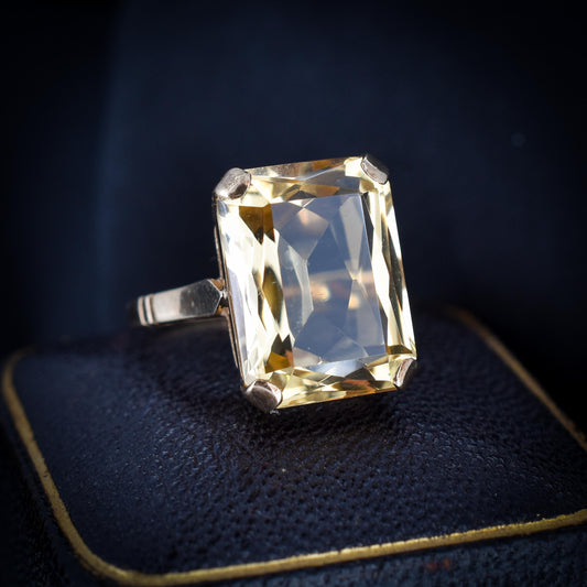 Vintage Emerald Cut Citrine 9ct Yellow Gold Cocktail Ring