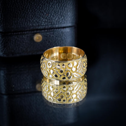 Antique Embossed Patterned Gold Wide Wedding Band Ring | Chester 1900