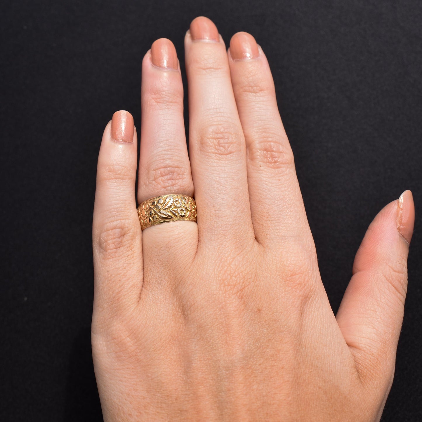 Antique Embossed Patterned Gold Wide Wedding Band Ring | Chester 1900