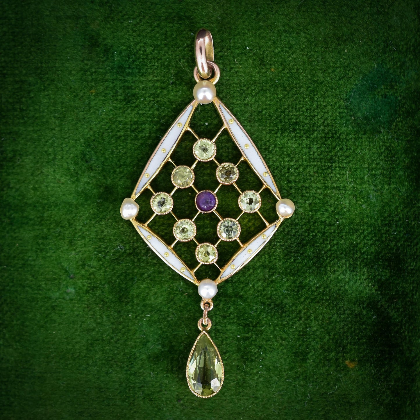 Antique Suffragette Peridot Pearl and Amethyst 9ct Gold Enamel Pendant