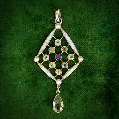 Antique Suffragette Peridot Pearl and Amethyst 9ct Gold Enamel Pendant