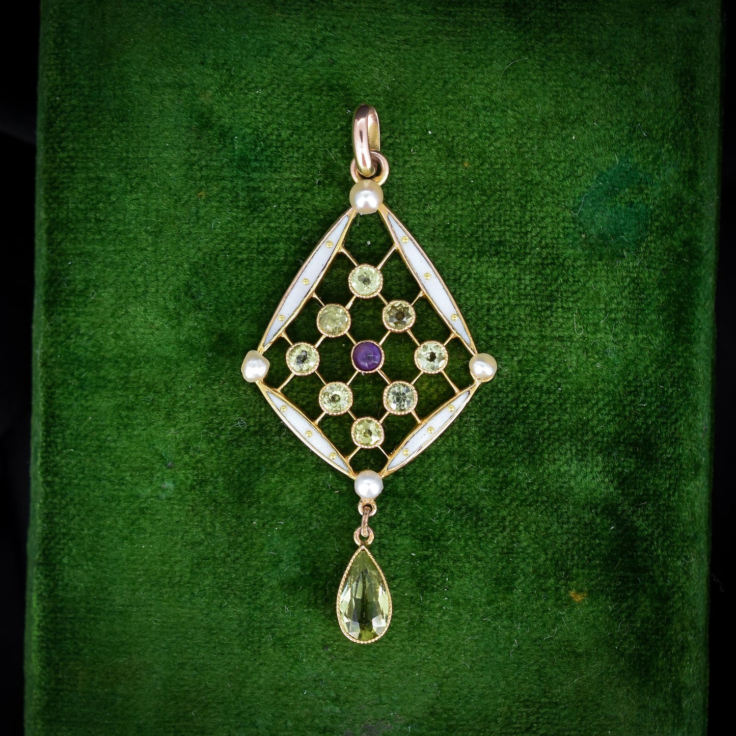 Antique Suffragette Peridot Pearl and Amethyst 9ct Gold Enamel Pendant