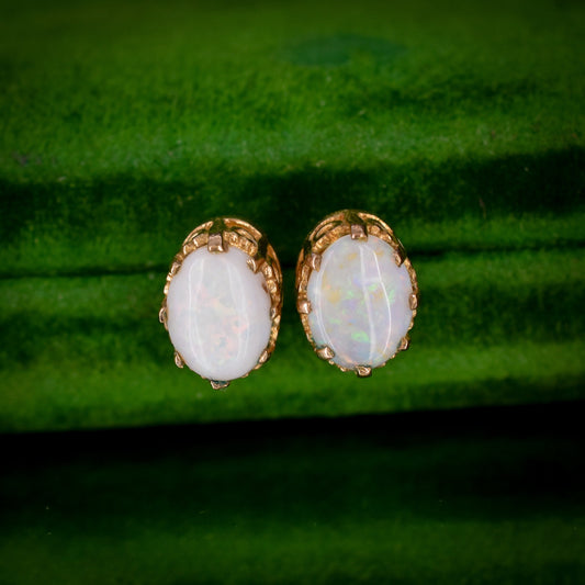 Vintage Natural Opal Oval 9ct 9K Yellow Gold Stud Earrings