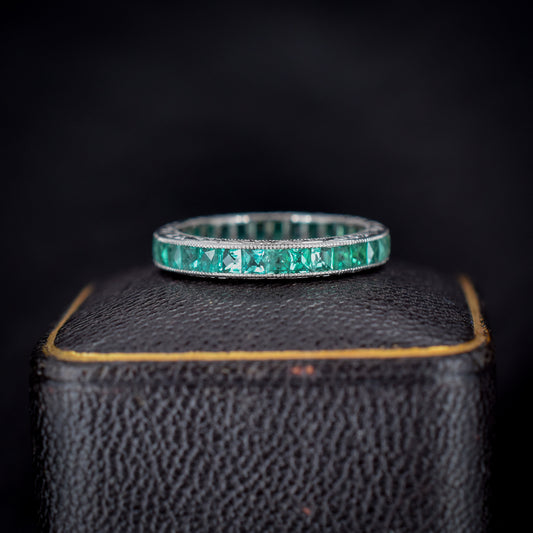 Art Deco Style 1.1ct Emerald Platinum Full Eternity Wedding Band Ring