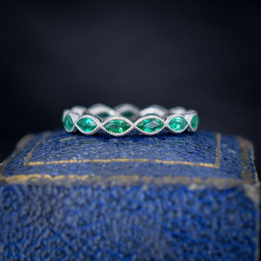 Art Deco Style 1.2ct Marquise Cut Emerald Platinum Full Eternity Wedding Band Ring