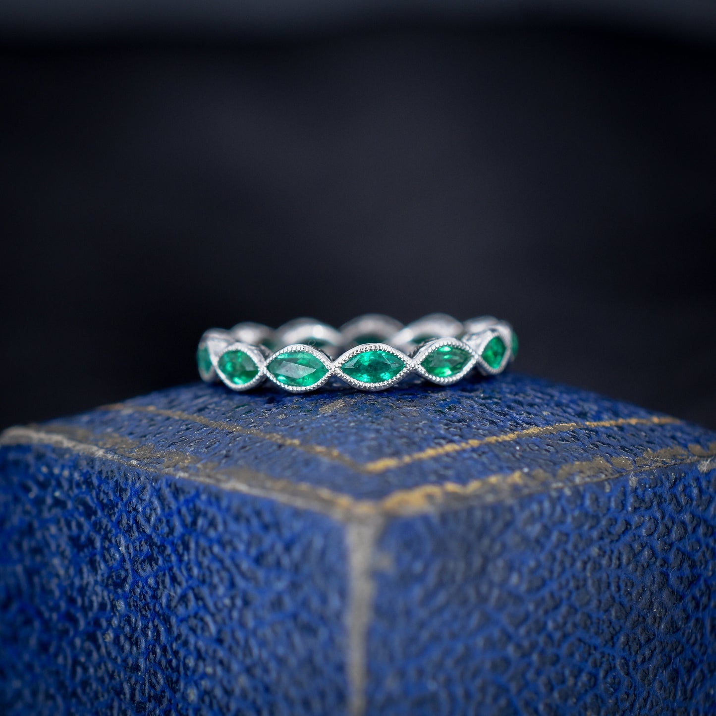 Art Deco Style 1.2ct Marquise Cut Emerald Platinum Full Eternity Wedding Band Ring