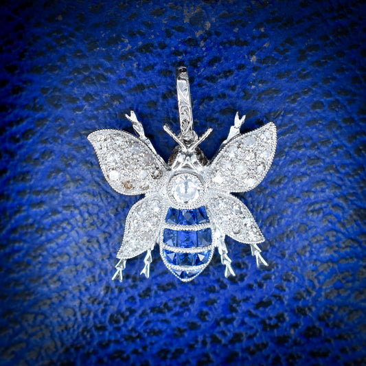 Sapphire and Diamond Platinum Insect Bee Pendant | 0.50ct Diamond