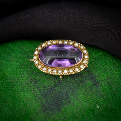 Antique Amethyst and Pearl Oval 9ct Gold Brooch Lace Pin | Victorian